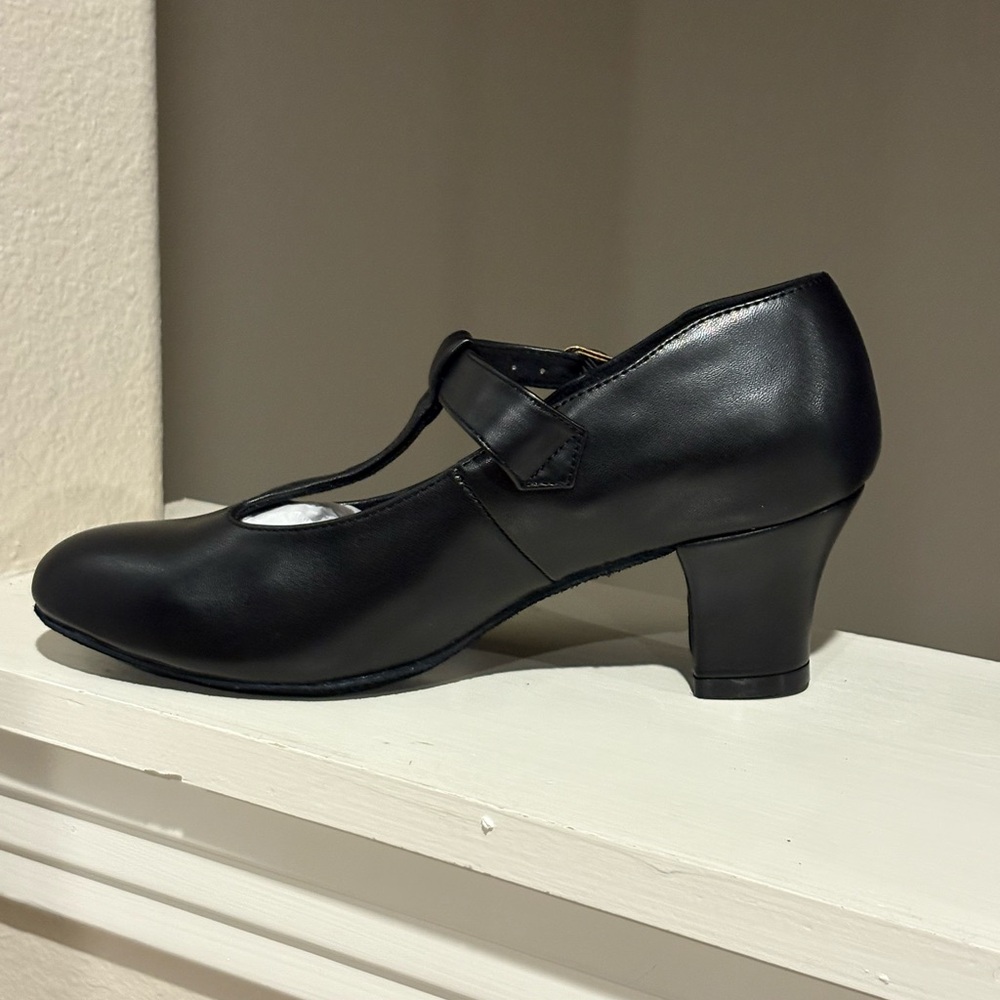 Bokimd T-Strap Latin Salsa Ballroom Dance Heels LEATHER BLACK Womens Size 7 - Picture 3 of 8